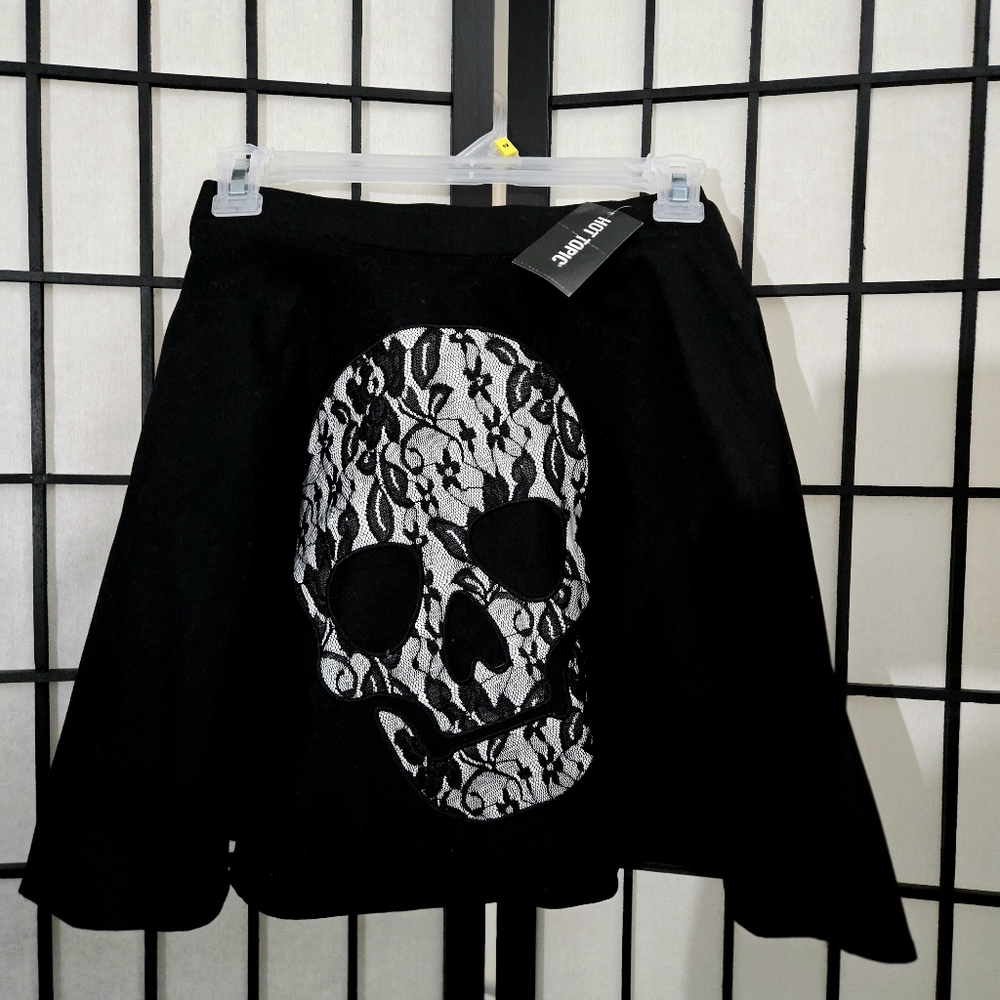 Hot Topic Black Skirt with Black Lace Skull Design